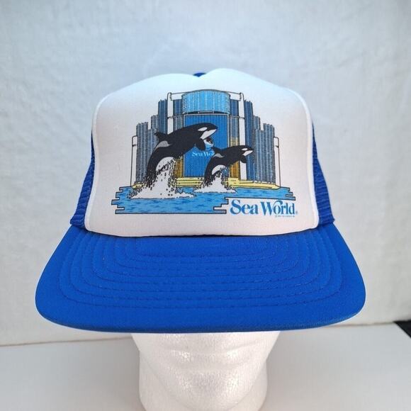 Vintage 80s Sea World Shamu Orca Trucker MeshBack SnapBack Hat Cap Blue White - Picture 1 of 8